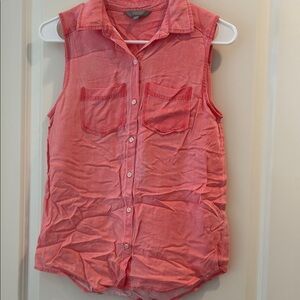 Rubbish Sleeveless Button Down collar shirt curved hem denim look pink coral XS
